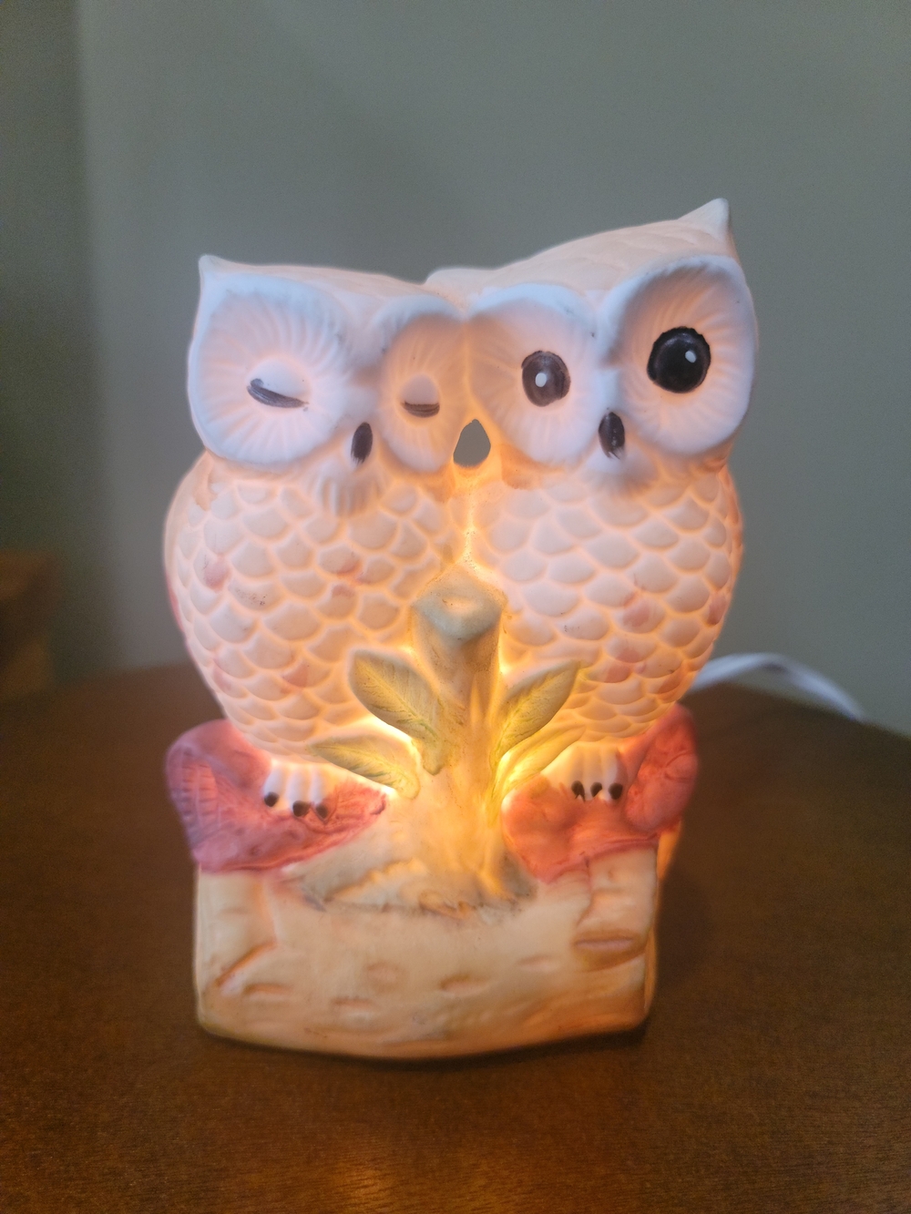 Vintage Bisque Ceramic Owl Couple Night Light Lamp Retro 70s 80s Boho Cuddling